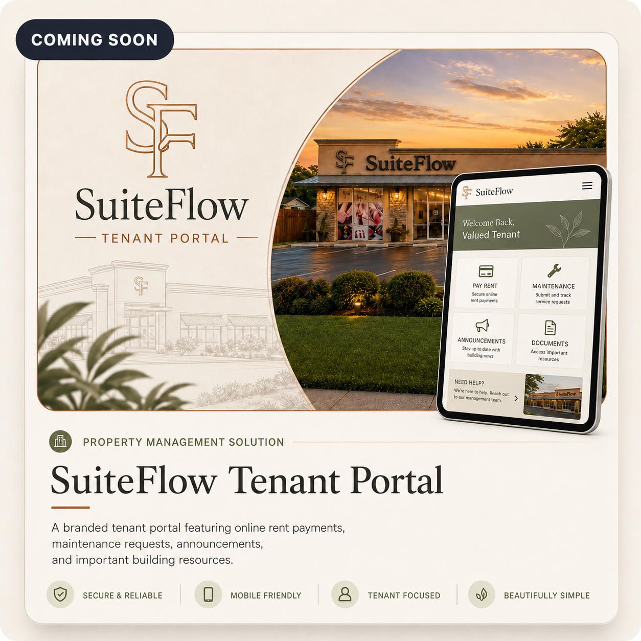 SuiteFlow tenant portal product preview showing a branded property portal and mobile tenant interface