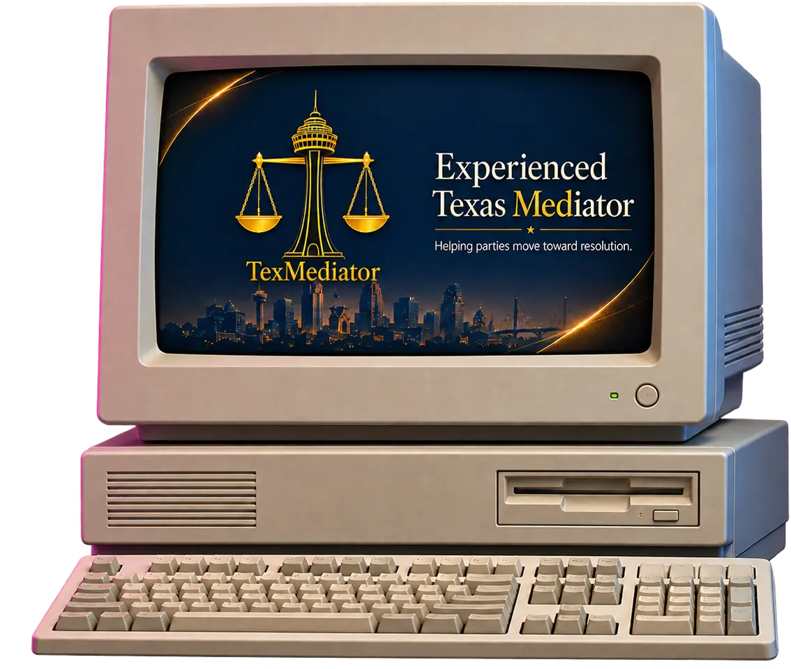 TexMediator website displayed on a vintage desktop computer